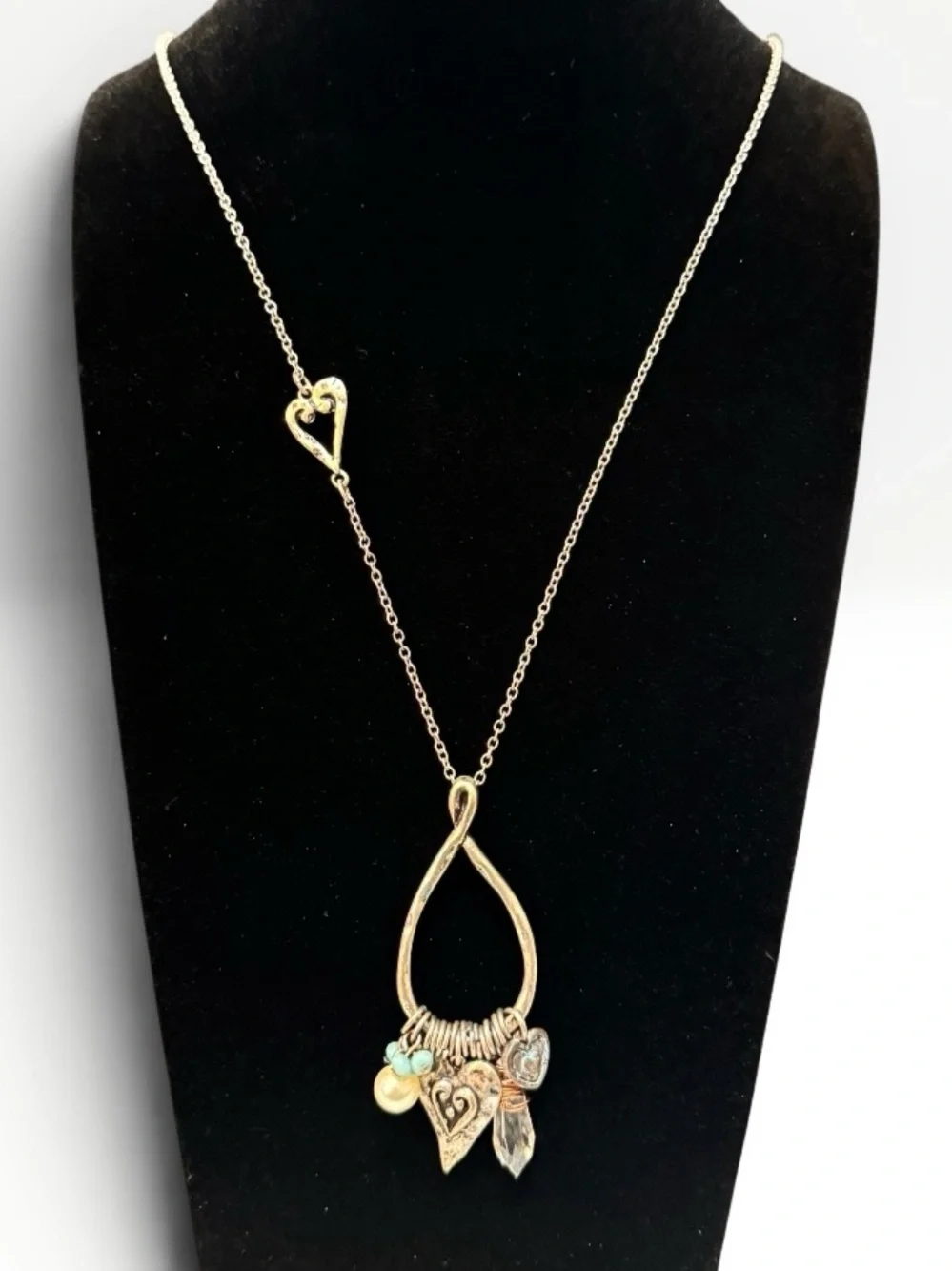 Charm Necklace | Teardrop Pendant, Hearts & Wire Wrapped Crystal | 26